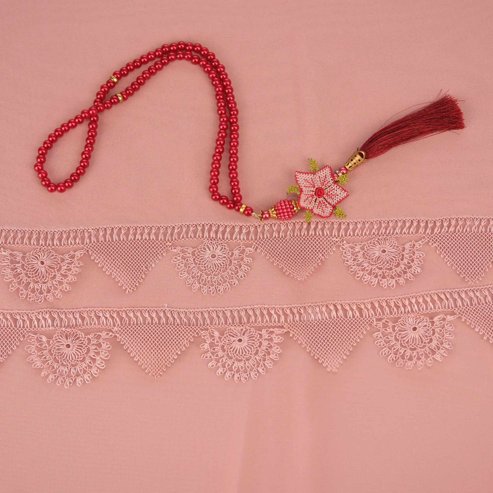 Yarım Ay Motifli İğne Oyası Mevlüt Örtüsü ve Tespih Seti Resim 27